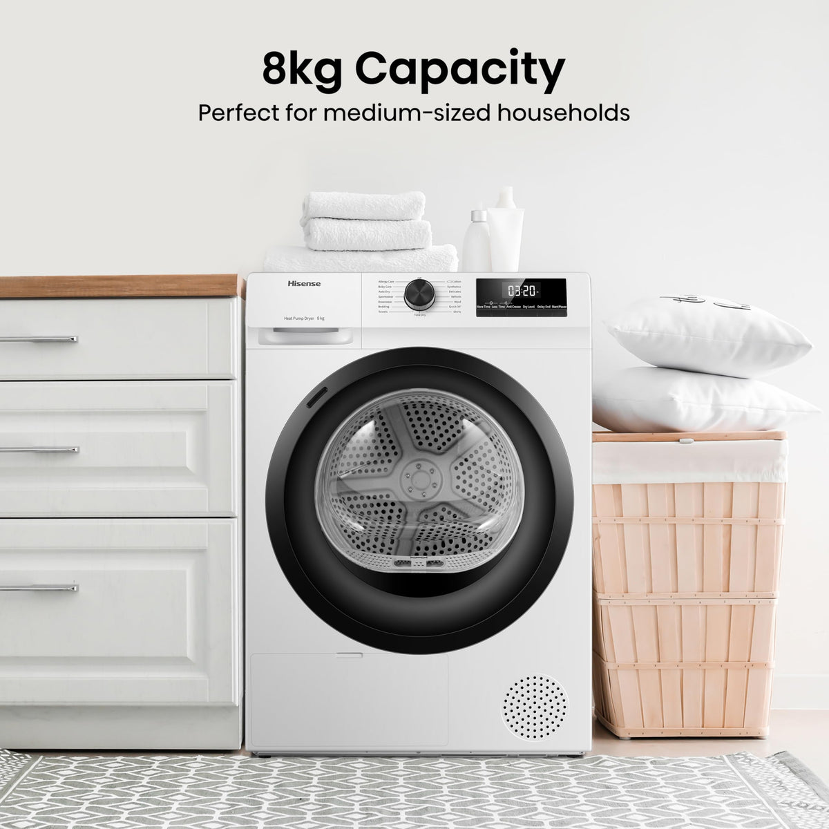 Hisense DH1Q802BW2 60cm Freestanding 8 KG Heatpump Front Load Tumble Dryer, 16 Programmes, Auto Dry