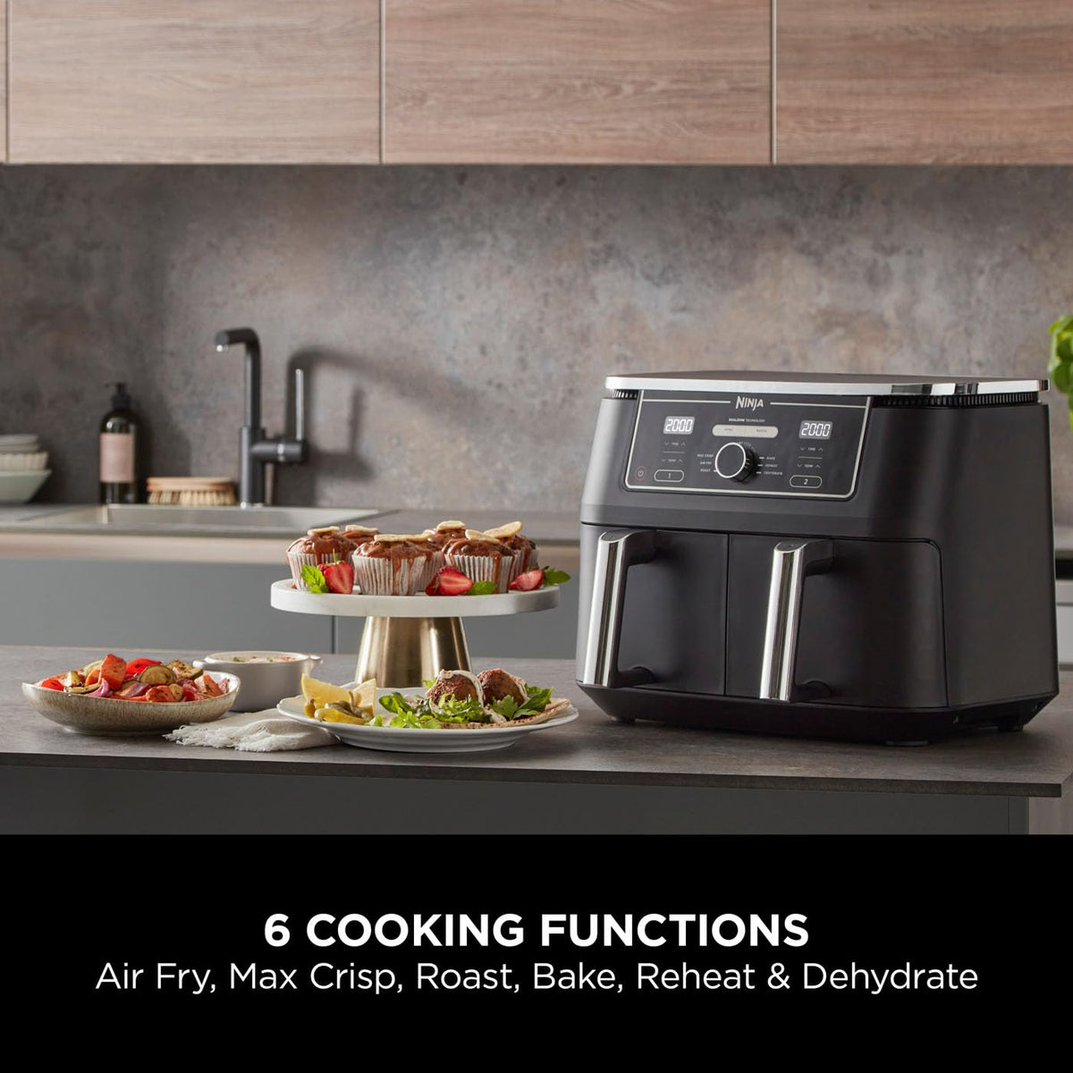 Ninja Foodi MAX Dual Zone Digital Air Fryer, 2 Drawers, 9.5L, 6-in-1, Uses No Oil, Max Crisp, Roast, Bake, Reheat, Dehydrate