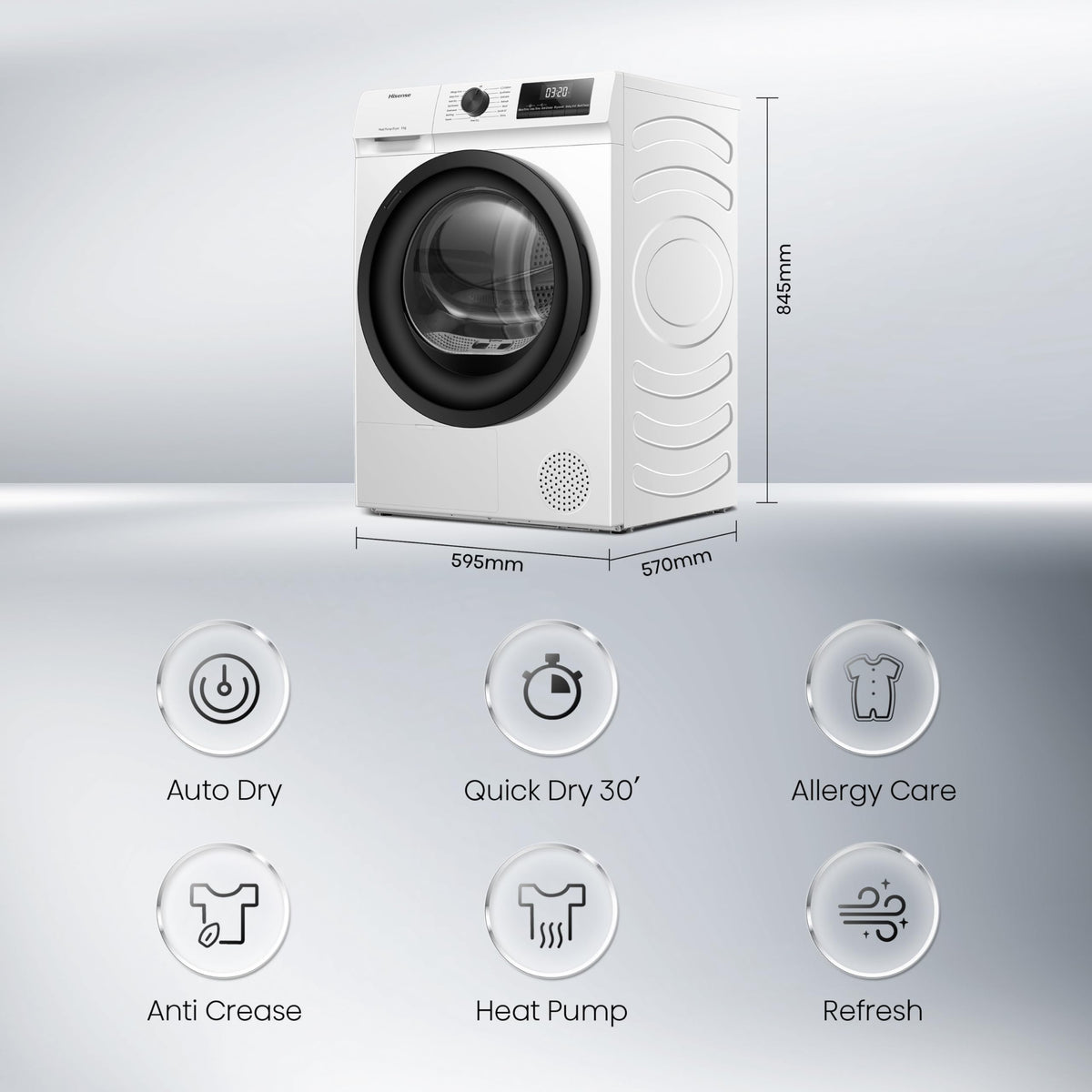 Hisense DH1Q802BW2 60cm Freestanding 8 KG Heatpump Front Load Tumble Dryer, 16 Programmes, Auto Dry